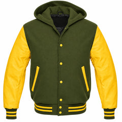Olive Green and Yellow Hooded Varsity Jacket