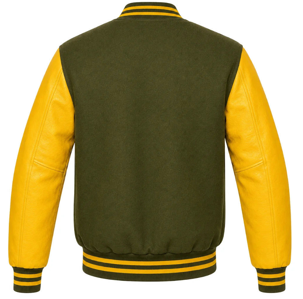 Back view of an olive green wool varsity jacket with yellow leather sleeves