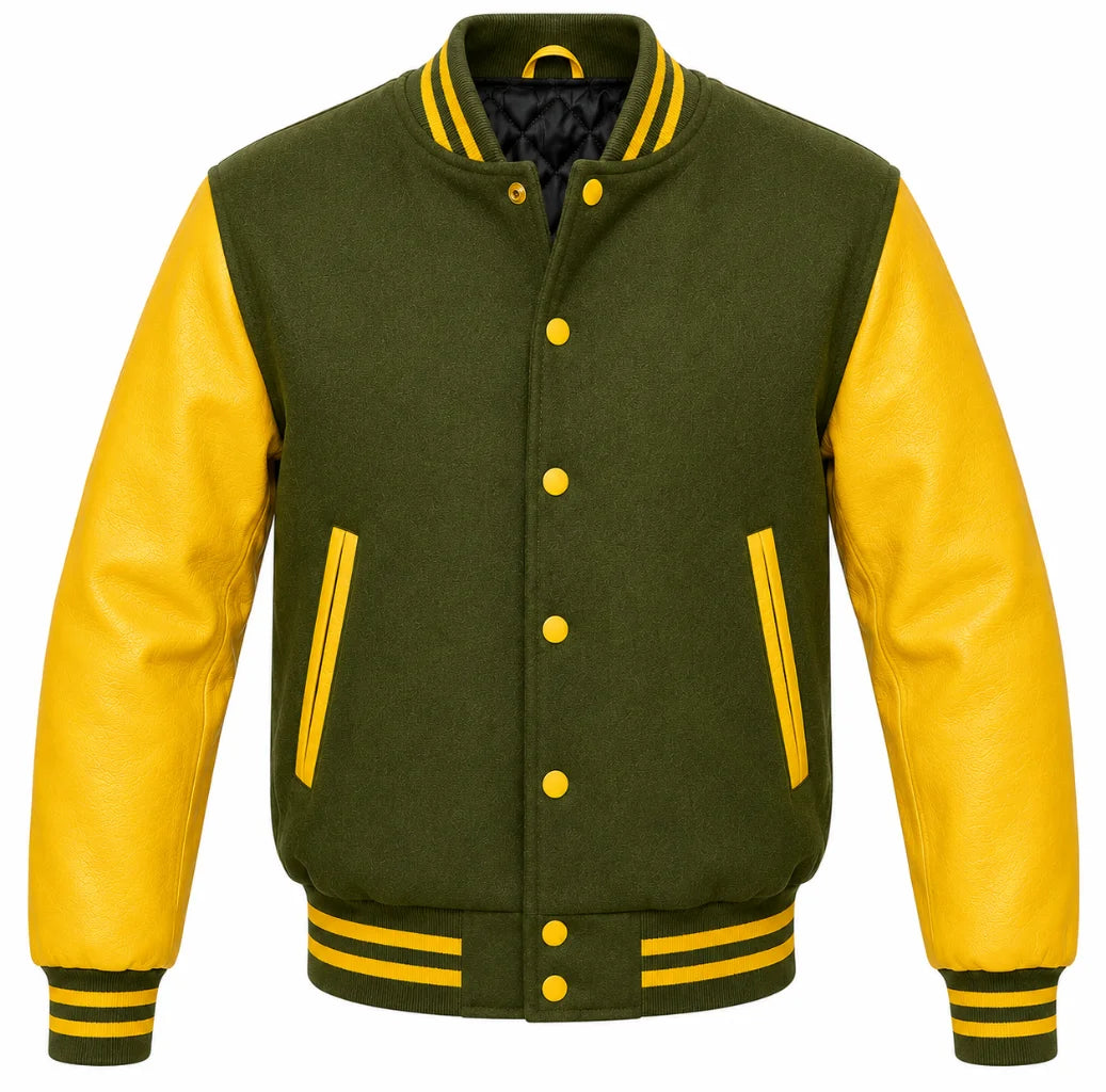 Olive green melton wool varsity jacket, yellow cowhide leather sleeves, front view