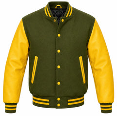 Olive green melton wool varsity jacket, yellow cowhide leather sleeves, front view
