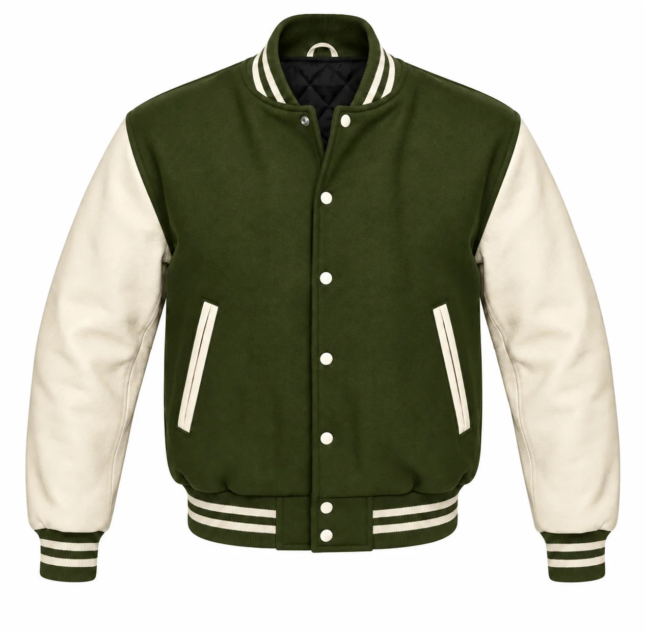 Olive Green and Cream Varsity Jacket with Wool Body and Leather Sleeves