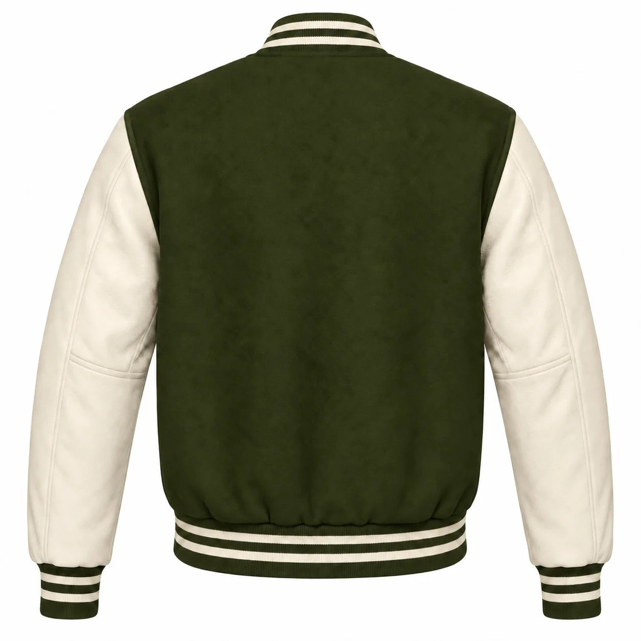 Olive Green and Cream Varsity Jacket with Wool Body and Leather Sleeves Back View
