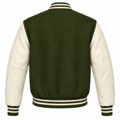Olive Green and Cream Varsity Jacket with Wool Body and Leather Sleeves Back View