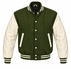 Olive Green and Cream Varsity Jacket with Wool Body and Leather Sleeves