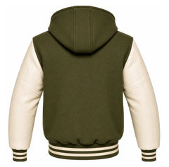 Olive Green and Cream Varsity Jacket with Hood