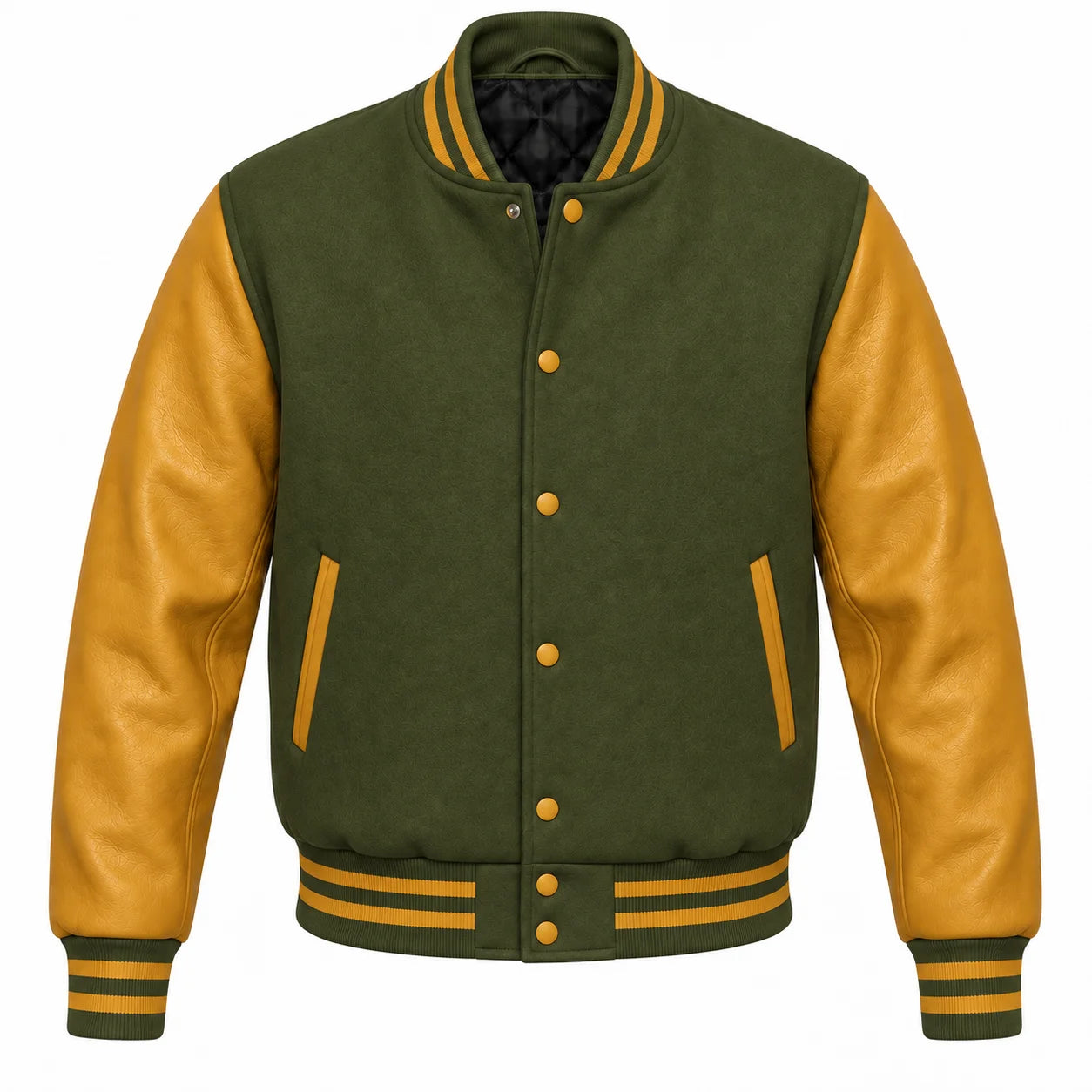 Olive Green and Gold Varsity Jacket with Wool Body and Leather Sleeves