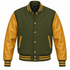 Olive Green and Gold Varsity Jacket with Wool Body and Leather Sleeves