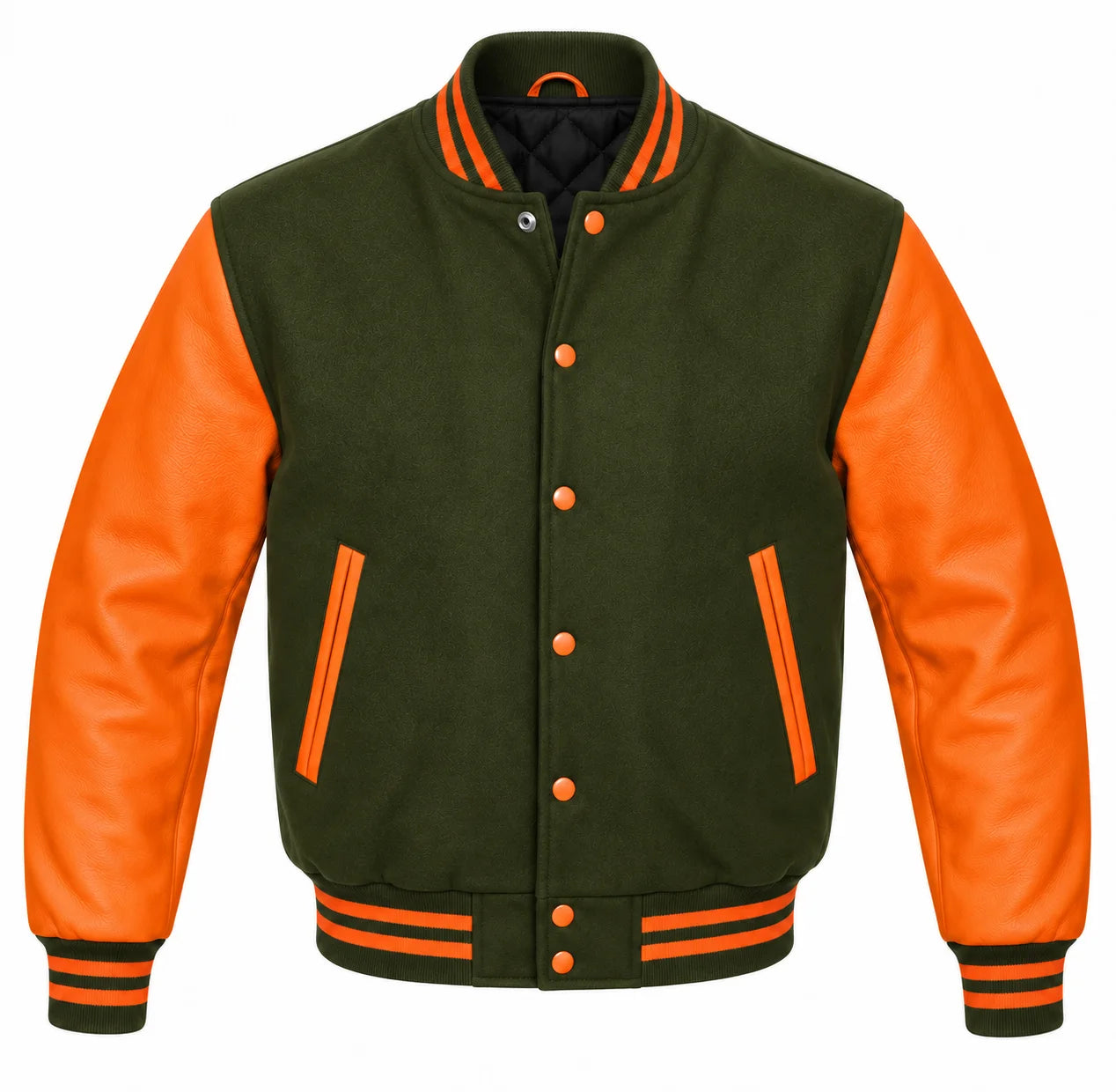 Olive Green and Orange Varsity Jacket with Wool Body and Leather Sleeves