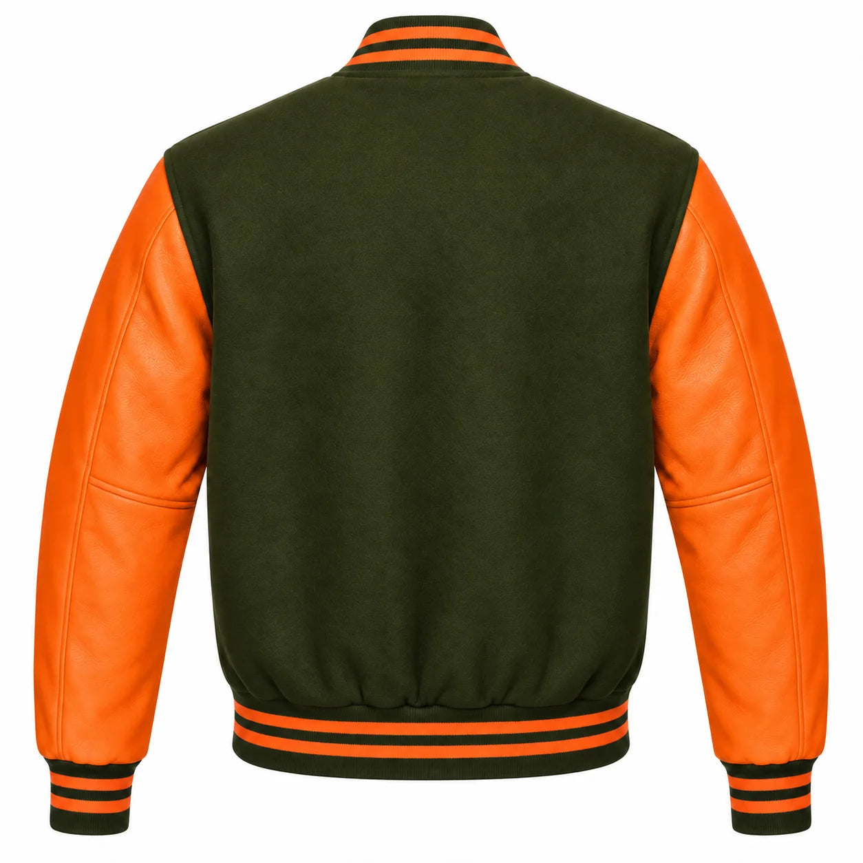 Olive Green and Orange Varsity Jacket with Wool Body and Leather Sleeves Back View