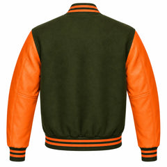 Olive Green and Orange Varsity Jacket with Wool Body and Leather Sleeves Back View