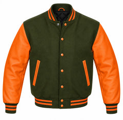 Olive Green and Orange Varsity Jacket with Wool Body and Leather Sleeves
