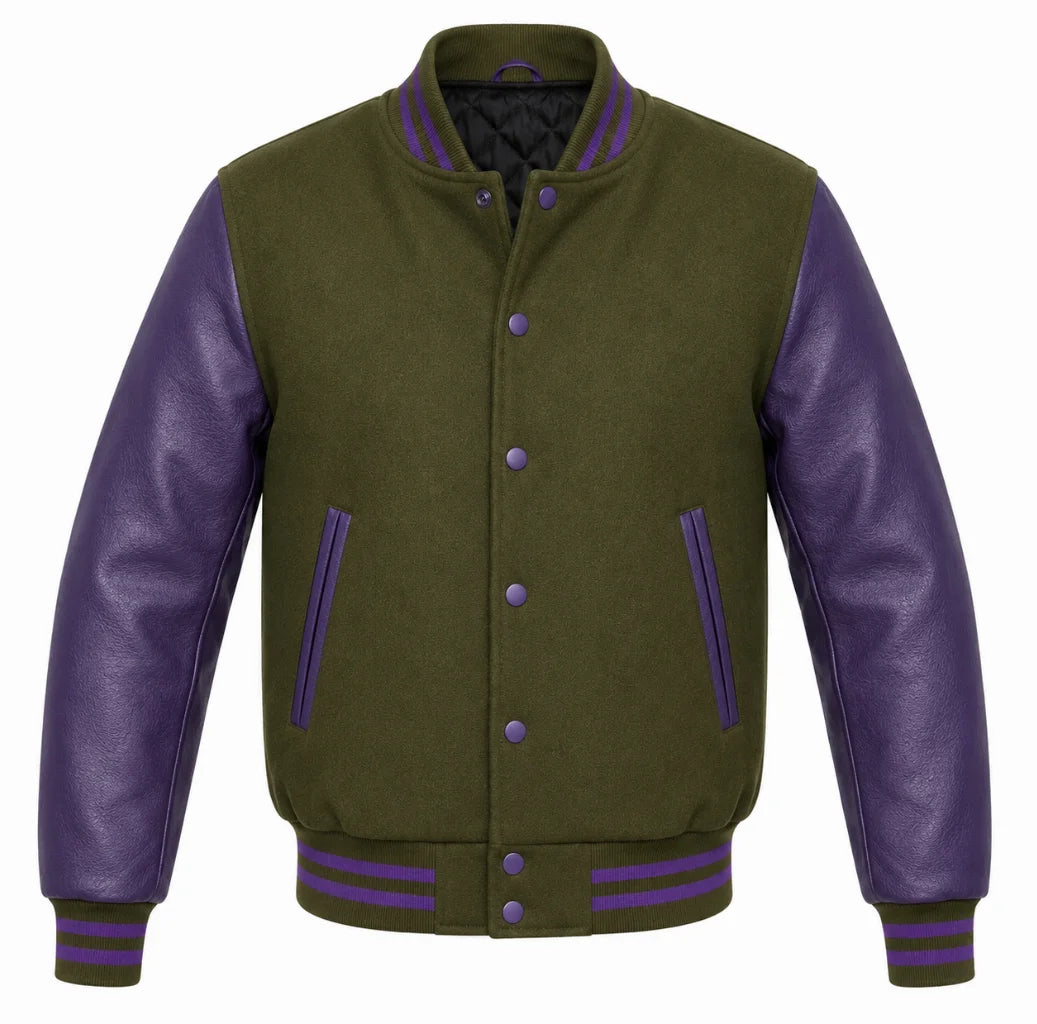 Olive green melton wool varsity jacket with purple cowhide sleeves, front view