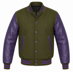 Olive green melton wool varsity jacket with purple cowhide sleeves, front view