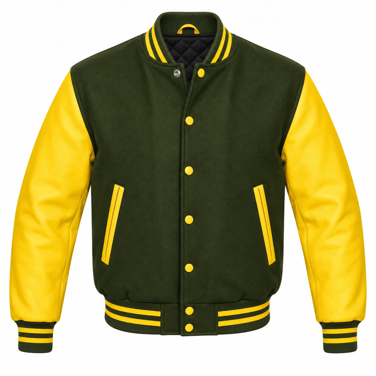Olive Green and Yellow Varsity Jacket with Wool Body and Leather Sleeves