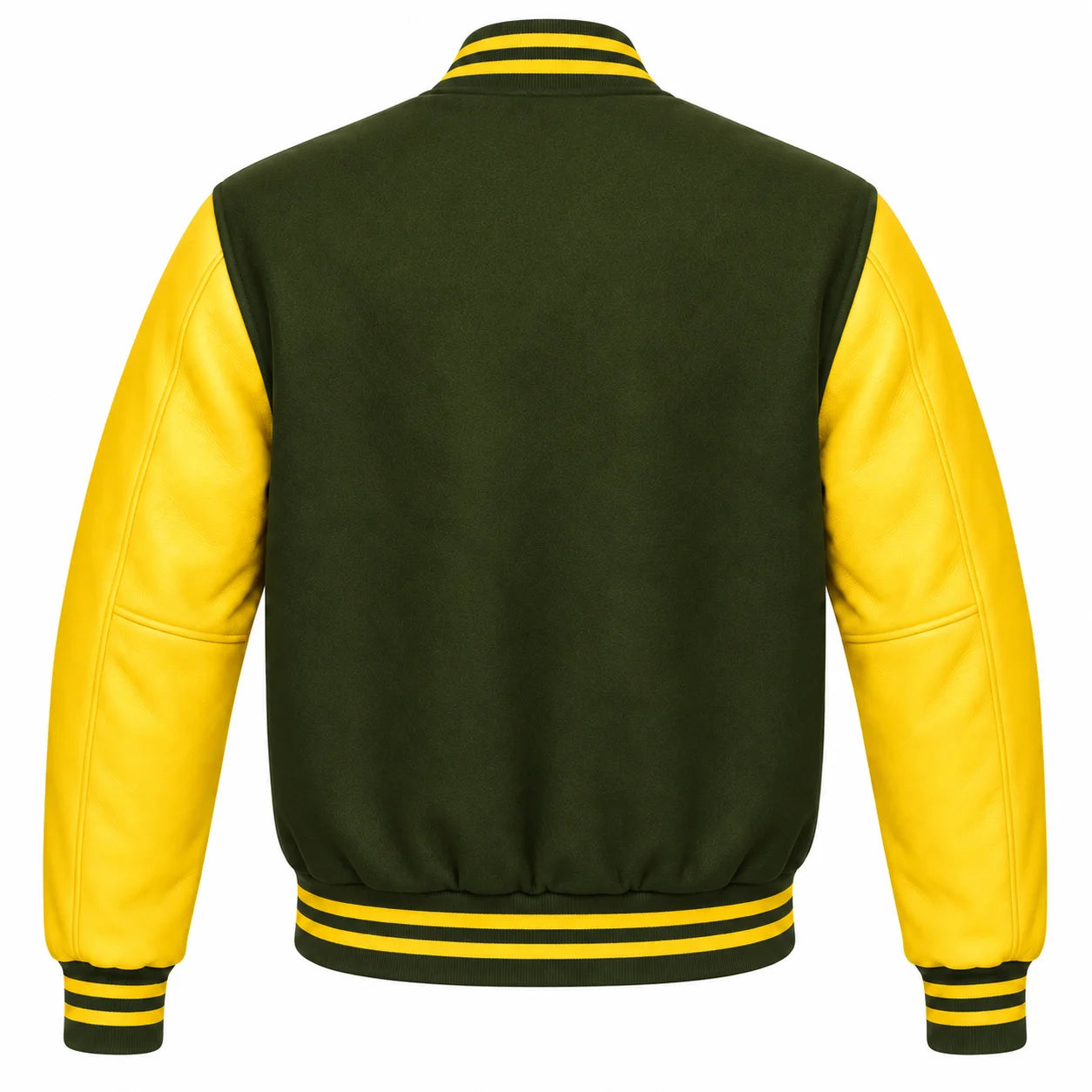 Olive Green and Yellow Varsity Jacket with Wool Body and Leather Sleeves Back View