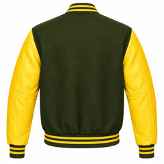 Olive Green and Yellow Varsity Jacket with Wool Body and Leather Sleeves Back View