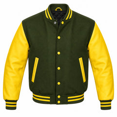 Olive Green and Yellow Varsity Jacket with Wool Body and Leather Sleeves