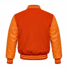 Orange Varsity Jacket with Wool Body and Leather Sleeves Back Side