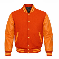 Orange Varsity Jacket with Wool Body and Leather Sleeves