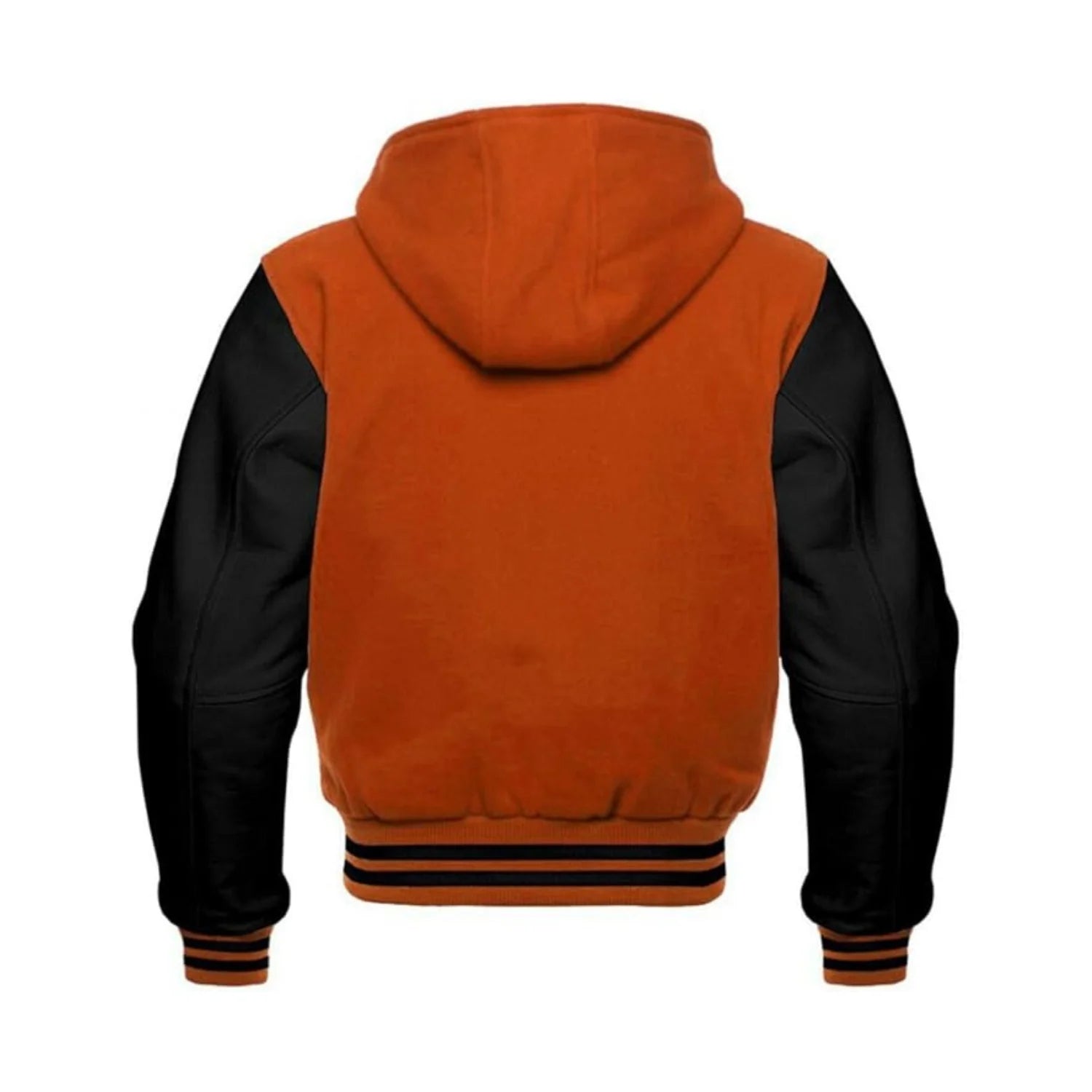 Orange Wool and Black Leather Hooded Varsity Jacket Back Side