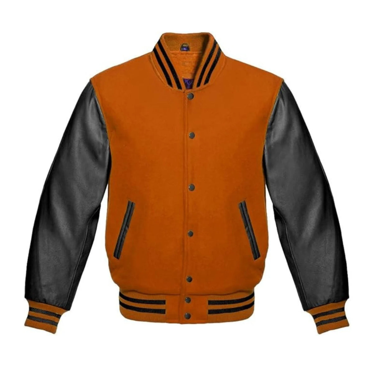 Orange and Black Varsity Jacket with Wool Body and Leather Sleeves