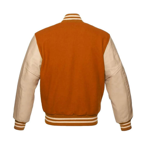 Orange Wool and Cream Leather Varsity Jacket Back Side