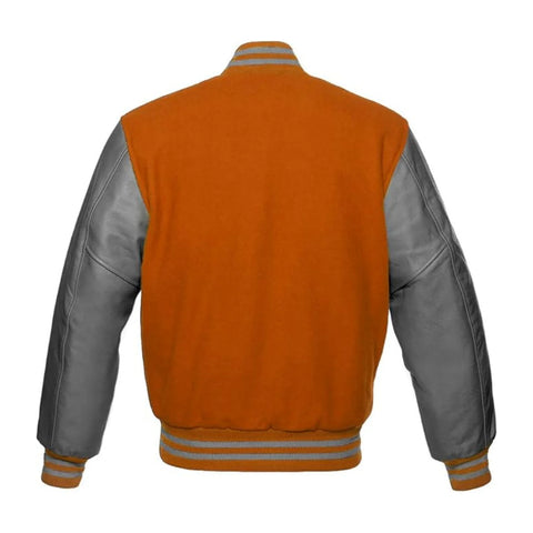 Orange and Grey Varsity Jacket with Wool Body and Leather Sleeves Back Side