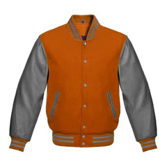 Orange and Grey Varsity Jacket with Wool Body and Leather Sleeves