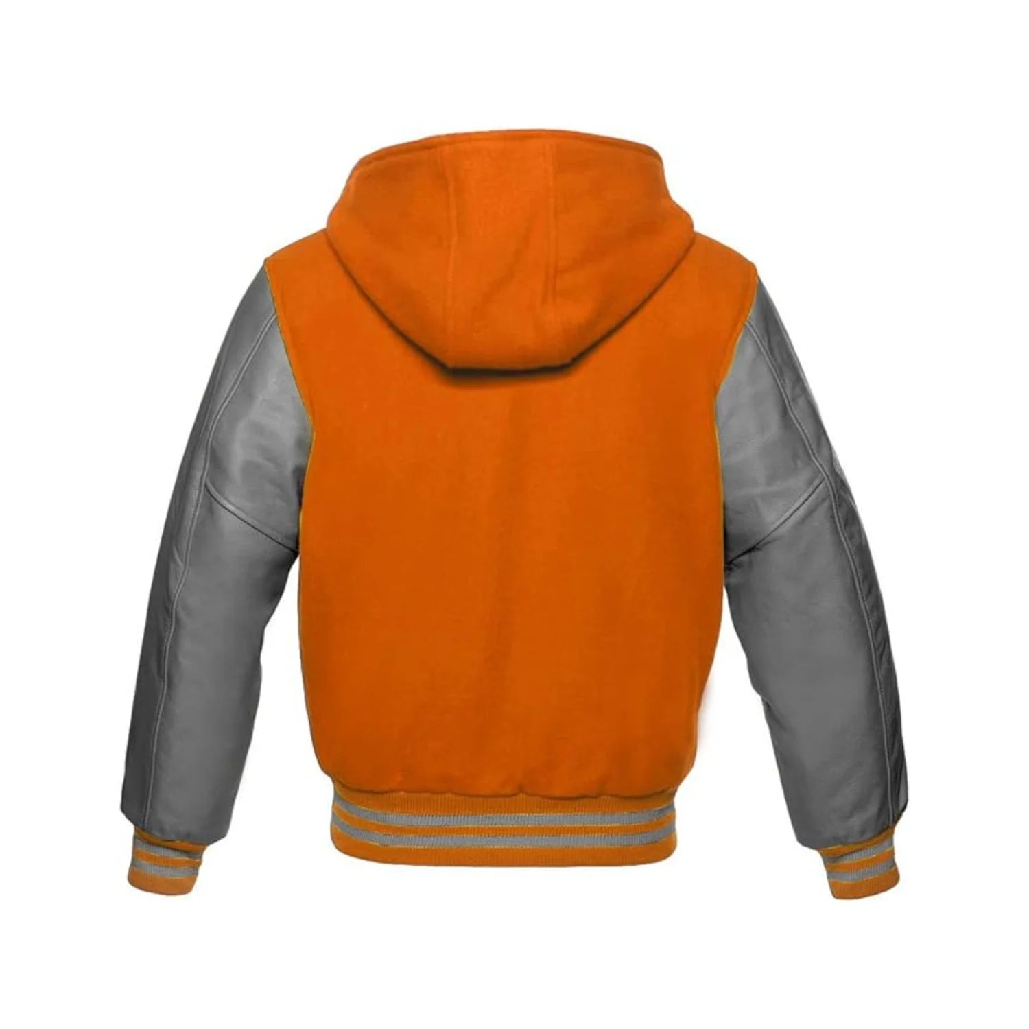 Orange Wool and Grey Leather Hooded Varsity Jacket Back Side