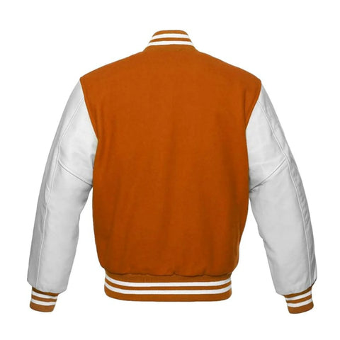 Orange and White Varsity Jacket with Wool Body and Leather Sleeves Back Side
