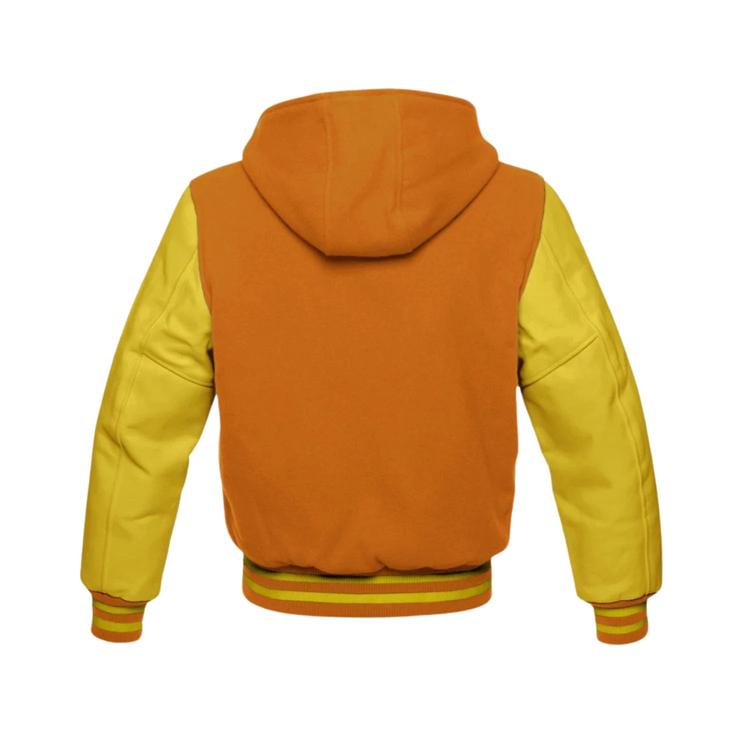 Orange Wool and Yellow Leather Hooded Varsity Jacket Back Side
