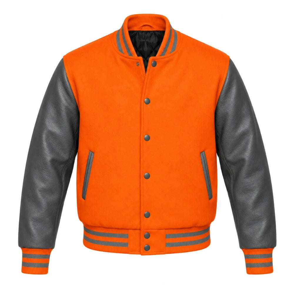 Orange and Grey Varsity Jacket with Wool Body and Leather Sleeves