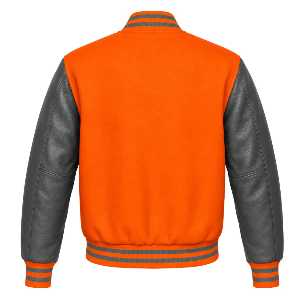 Orange and Grey Varsity Jacket with Wool Body and Leather Sleeves Back Side