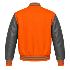Orange and Grey Varsity Jacket with Wool Body and Leather Sleeves Back Side