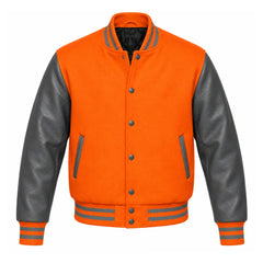 Orange and Grey Varsity Jacket with Wool Body and Leather Sleeves