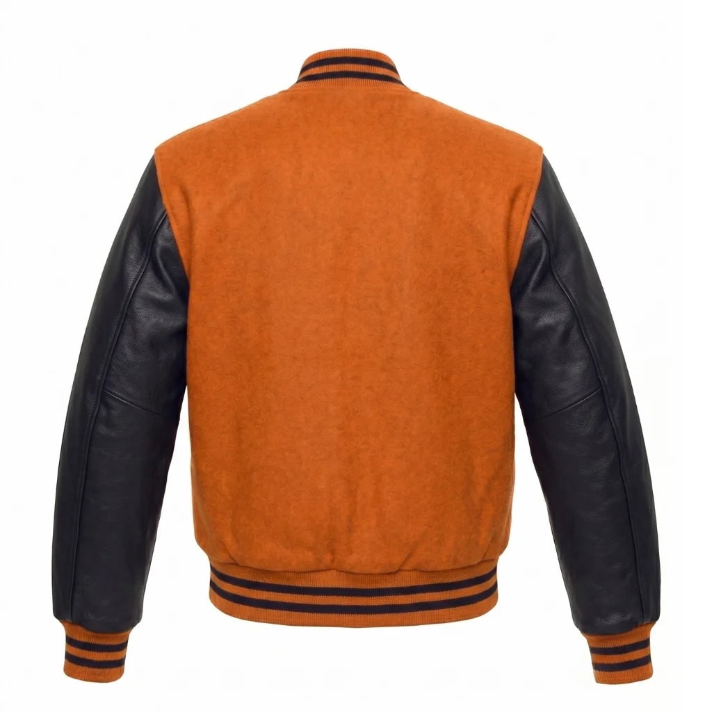 Orange and Black Varsity Jacket with Wool Body and Leather Sleeves Back View