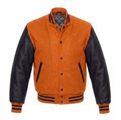 Orange and Black Varsity Jacket with Wool Body and Leather Sleeves