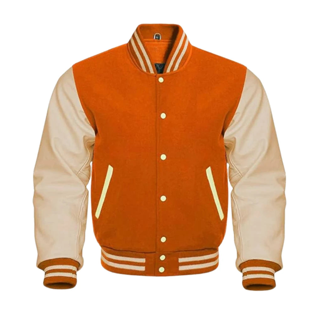 Orange and Cream Varsity Jacket with Wool Body and Leather Sleeves