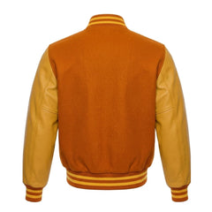 Orange and Gold Varsity Jacket with Wool Body and Cowhide Leather Sleeves Back Side