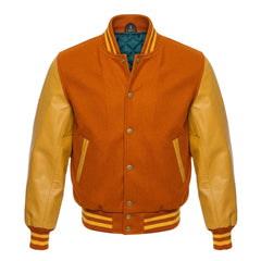 Orange and Gold Varsity Jacket with Wool Body and Cowhide Leather Sleeves