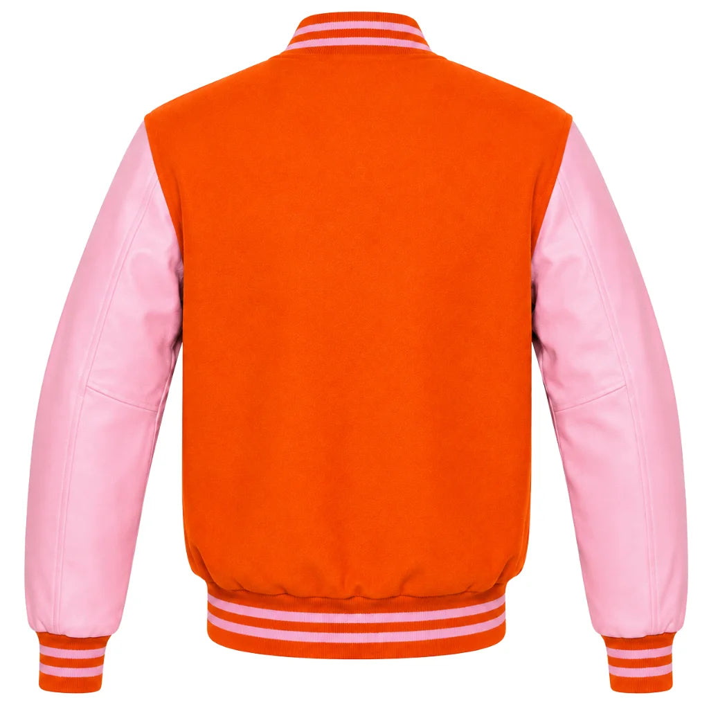 Orange wool varsity jacket with pink cowhide sleeves, back view
