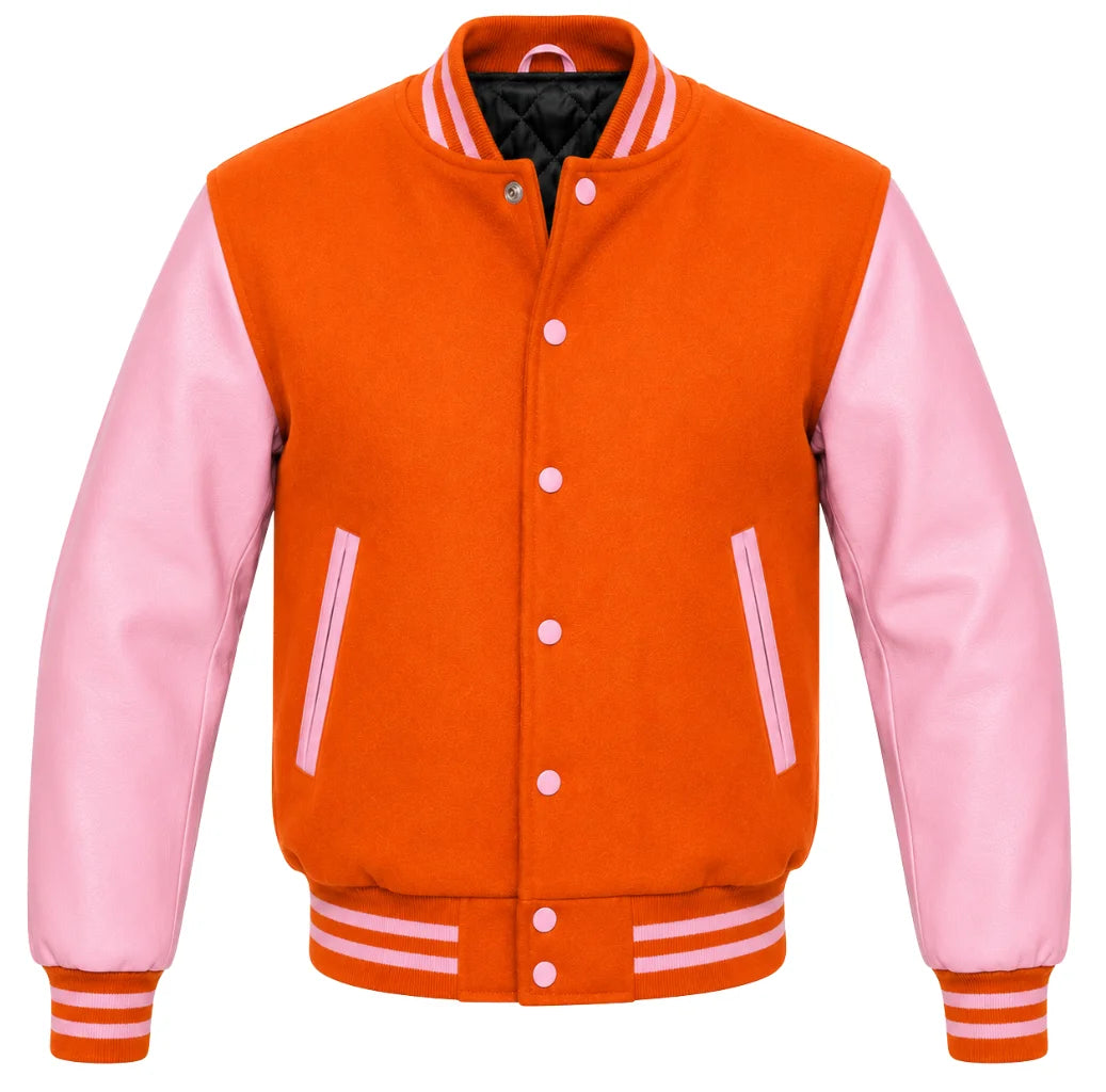Orange melton wool varsity jacket with pink leather sleeves, front view