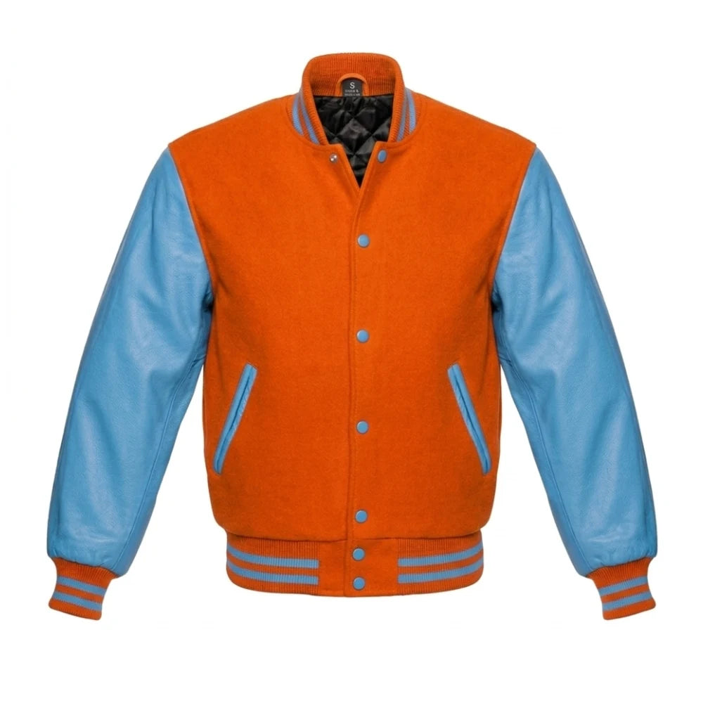 Orange and Sky Blue Varsity Jacket with Wool Body and Leather Sleeves