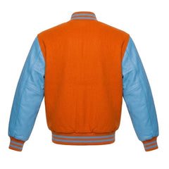 Orange and Sky Blue Varsity Jacket with Wool Body and Leather Sleeves Back Side
