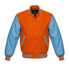 Orange and Sky Blue Varsity Jacket with Wool Body and Leather Sleeves