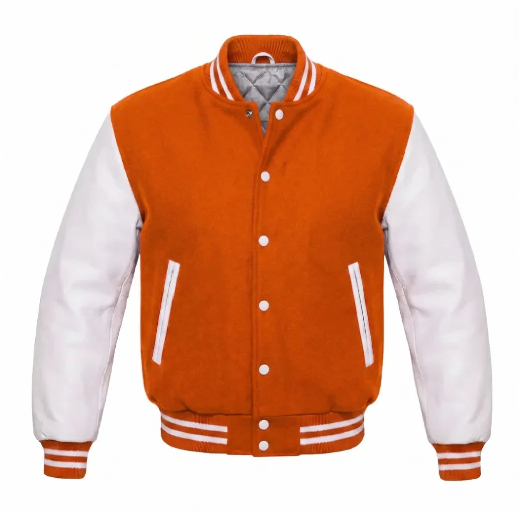 Orange and White Varsity Jacket with Wool Body and Leather Sleeves