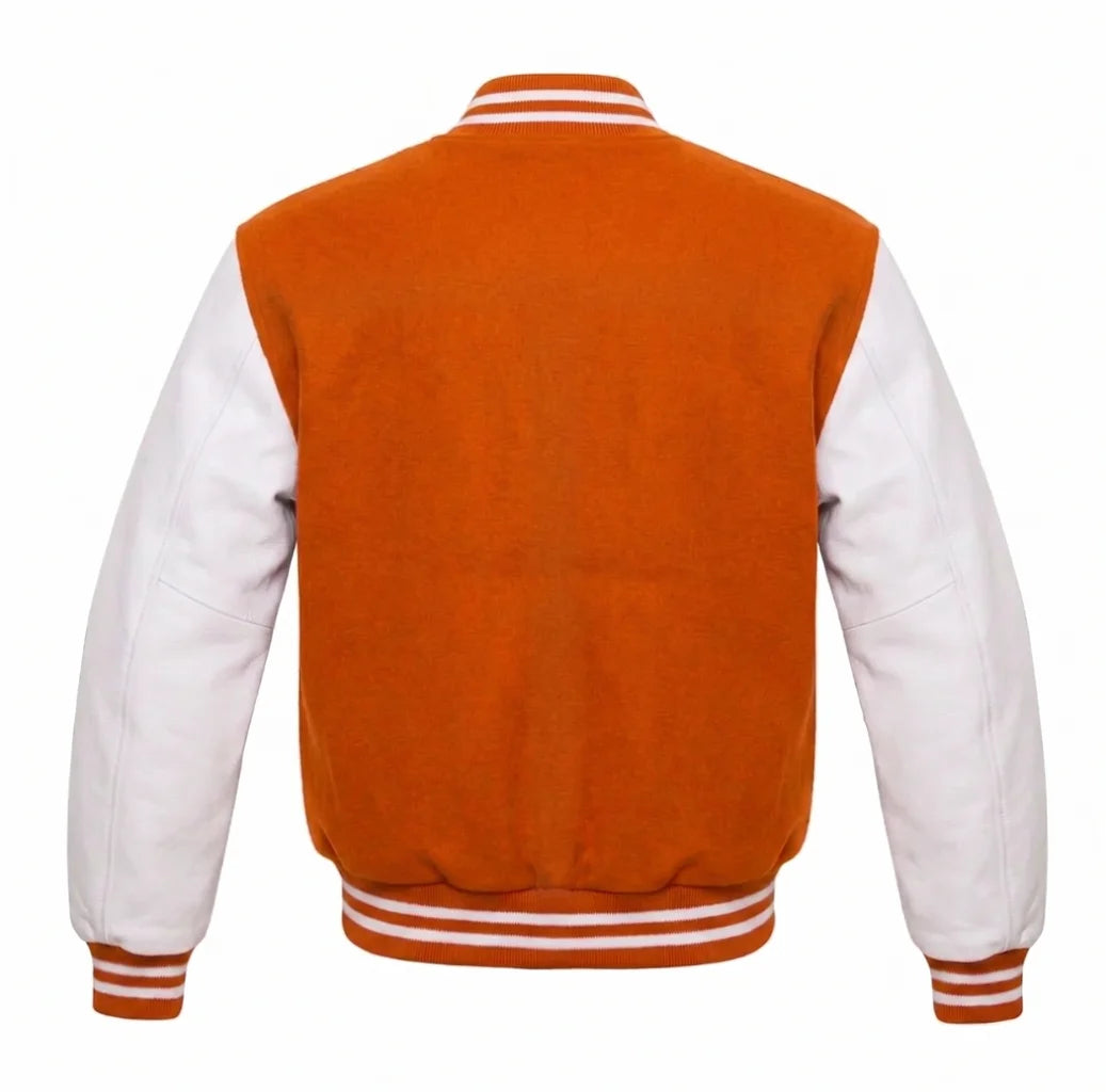 Orange and White Varsity Jacket with Wool Body and Leather Sleeves Back View