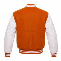 Orange and White Varsity Jacket with Wool Body and Leather Sleeves Back View