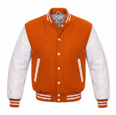 Orange and White Varsity Jacket with Wool Body and Leather Sleeves