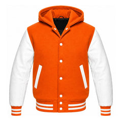 Orange and White Varsity Jacket with Hood
